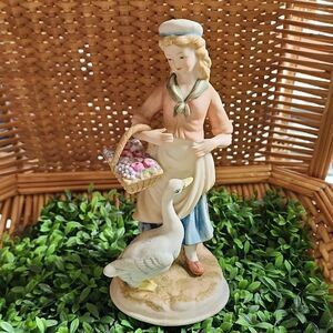 Vintage Figurine Girl With Basket Of Fruit And Goose